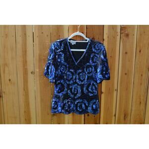 Vintage 1980s Stenay Black Royal Blue Beaded Sequin Roses Short Sleeve Blouse